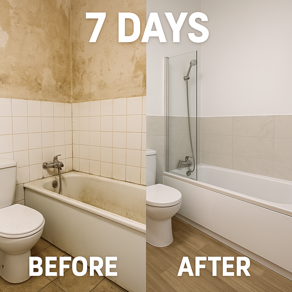 Side-by-side before and after comparison of a bathroom renovation completed in 7 days, showing transformation from a stained, old bathtub to a clean, modern design with new tiles and fixtures