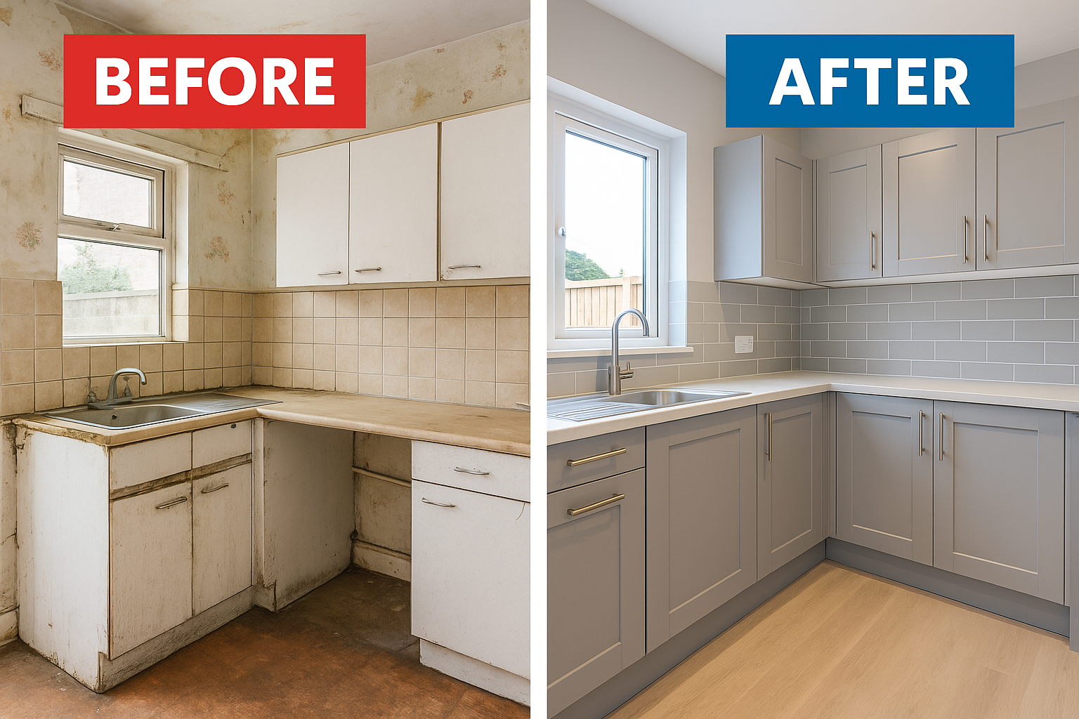 Before and after bathroom renovation showing dramatic 7-day transformation by Ready2Let Repairs.