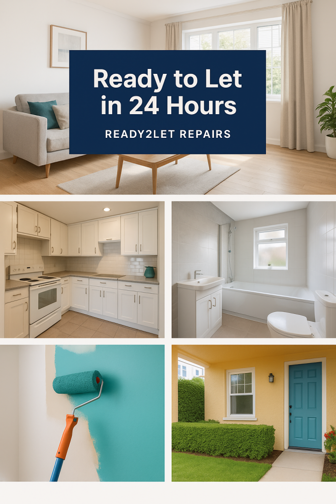 A five-panel image collage showcases a modern living room, kitchen, and bathroom, alongside a paint roller at work and the exterior of a yellow house with a blue door.